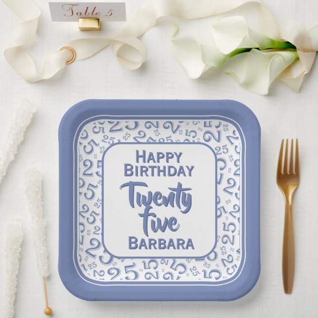 25th Party Random Number Pattern Blue/White Paper Plate (Wedding)