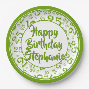 25th Party Random Number Pattern Green/White Paper Plate