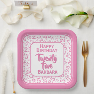 25th Party Random Number Pattern Pink/White Paper Plate