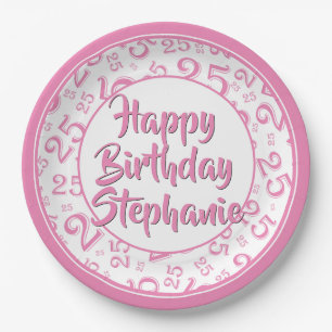 25th Party Random Number Pattern Pink/White Paper Plate
