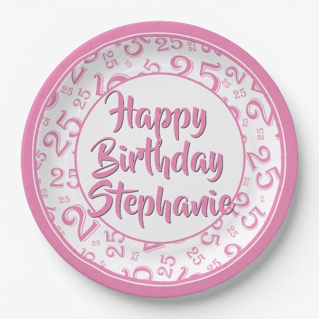 25th Party Random Number Pattern Pink/White Paper Plate (Front)