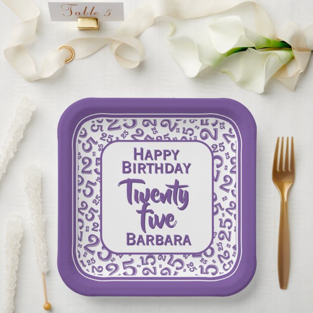 25th Party Random Number Pattern Purple/White Paper Plate (Wedding)