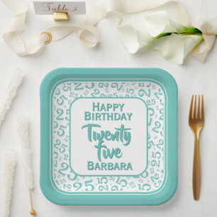 25th Party Random Number Pattern Teal/White Paper Plate