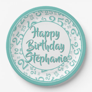 25th Party Random Number Pattern Teal/White Paper Plate