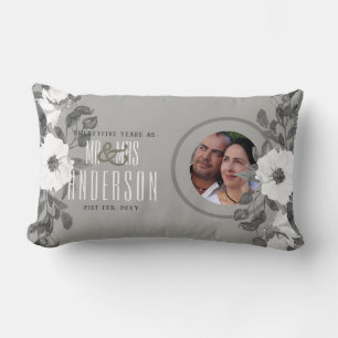 25th PHOTO Wedding Anniversary Floral Silver Lumbar Cushion