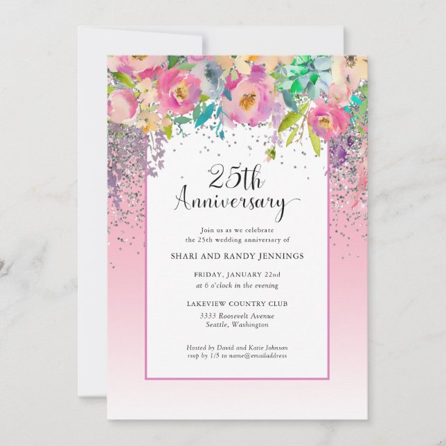 25th Pink Silver Floral Wedding Anniversary Invitation (Front)