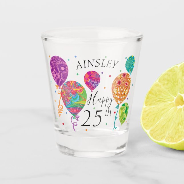 25th Purple Aqua Birthday Balloons Custom Name Shot Glass (Front)