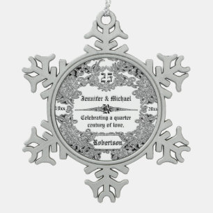 25th Sillver Wedding Anniversary Snowflake Pewter Christmas Ornament