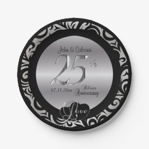 25th Silver and Black Wedding Anniversary Paper Plate