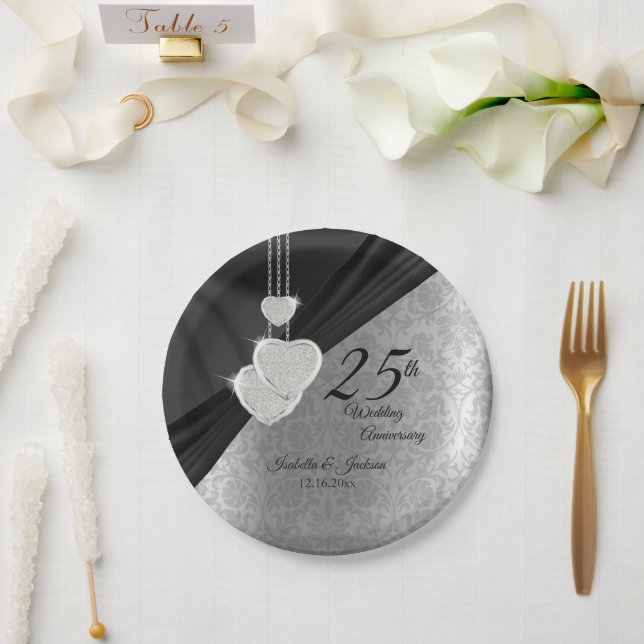 25th Silver and Black Wedding Anniversary Paper Plate (Wedding)