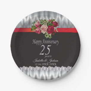 25th Silver and Rose Wedding Anniversary Paper Plate