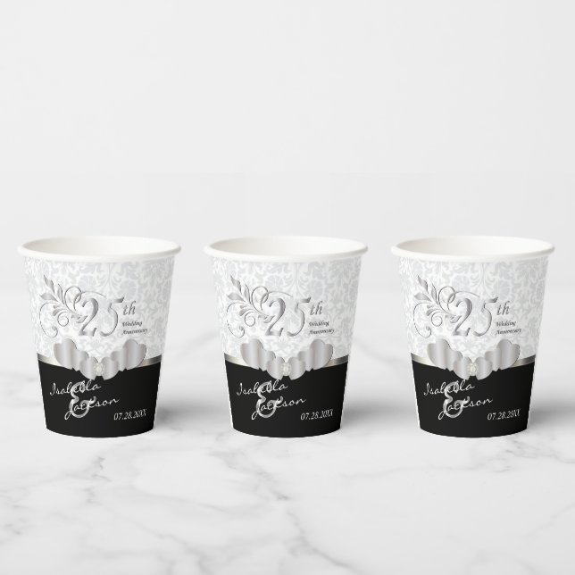 25th Silver and White Wedding Anniversary Paper Cups (Multi)