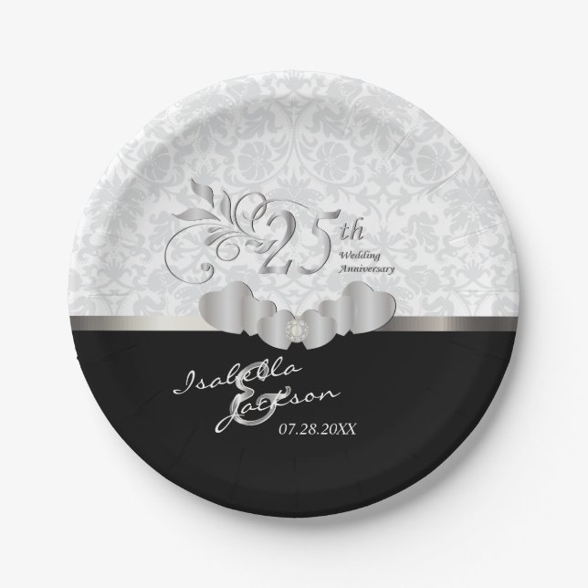 25th Silver and White Wedding Anniversary Paper Plate (Front)