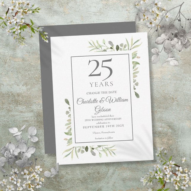 25th Silver Anniversary Change the Date Greenery  Announcement Postcard (25th Silver Anniversary Change the Date Greenery Announcement Postcard)