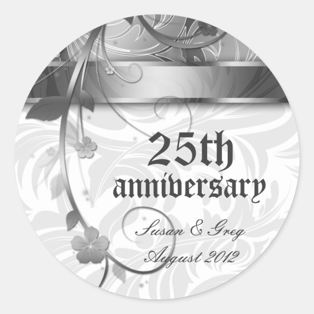 25th Silver Anniversary Floral Classic Round Sticker (Front)