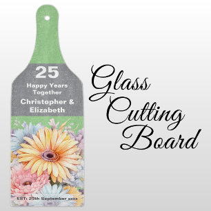 25th silver anniversary floral green cutting board