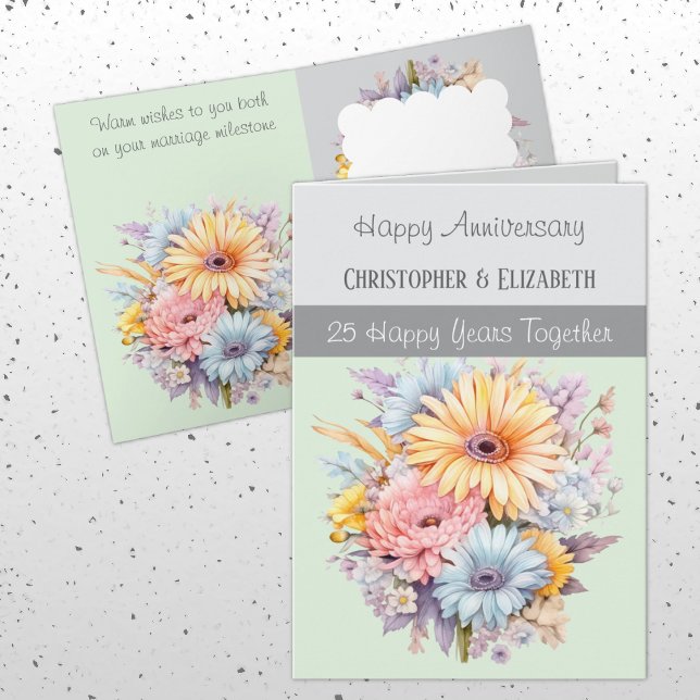 25th Silver Anniversary flowers grey green Card (Creator Uploaded)