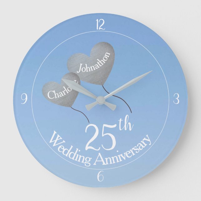 25th Silver anniversary heart balloons in sky Large Clock (Front)