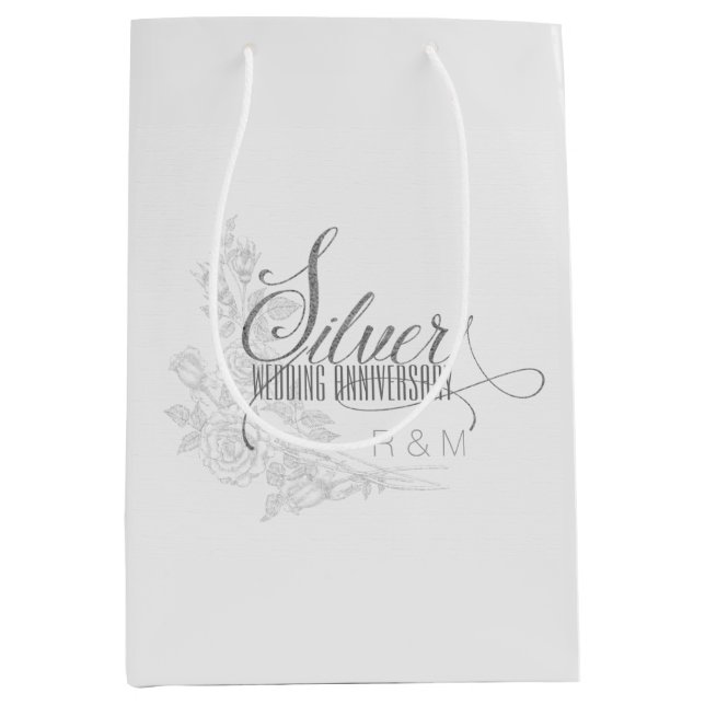 25th Silver Anniversary Initials and White Roses Medium Gift Bag (Front)