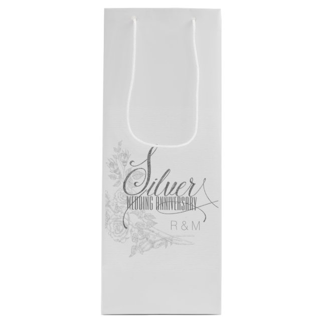 25th Silver Anniversary Initials and White Roses Wine Gift Bag (Front)