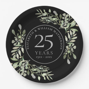 25th Silver Anniversary Watercolor Greenery Floral Paper Plate
