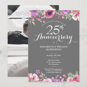25th Silver Anniversary Wedding Photo Floral Roses Invitation