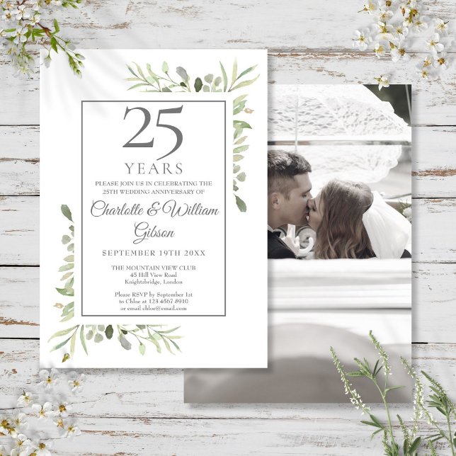 25th Silver Anniversary Wedding Photo Greenery Invitation (25th Silver Anniversary Wedding Photo Greenery Invitation)