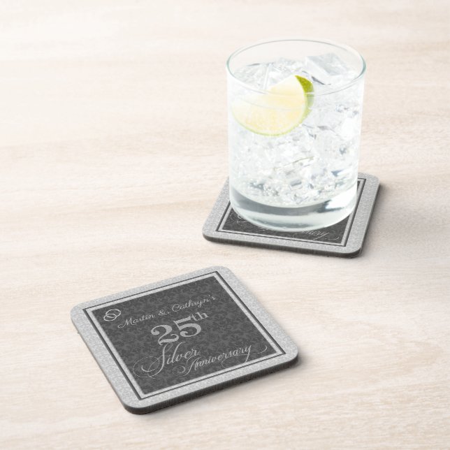 25th Silver Anniversary with Name Damask Coaster (Right Side)