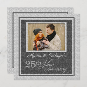 25th Silver Anniversary with Photo in Damask Invitation
