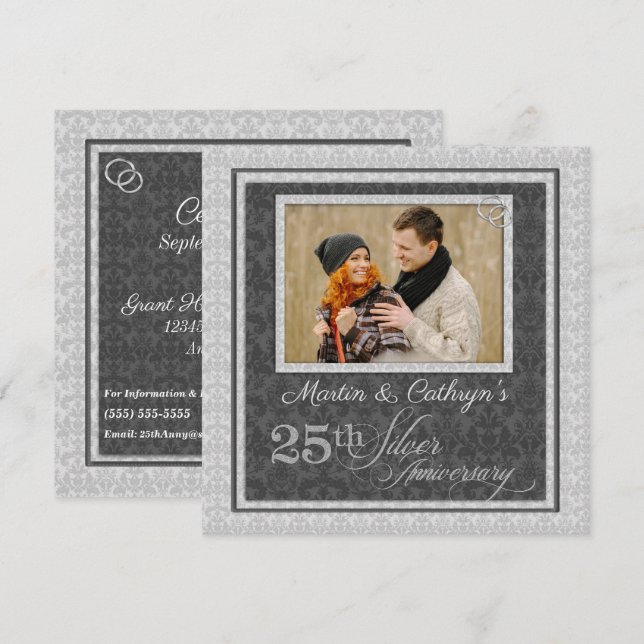 25th Silver Anniversary with Photo in Damask Invitation (Front/Back)