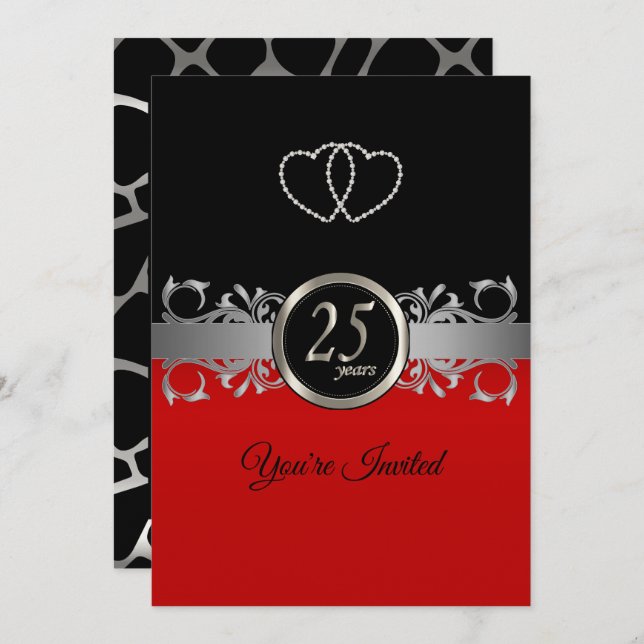 25th Silver Anniversary with Red - Giraffe Pattern Invitation (Front/Back)
