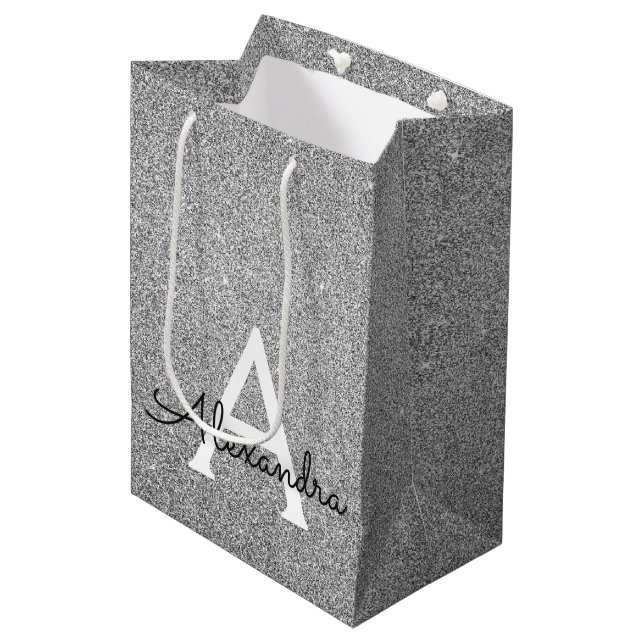 25th Silver Birthday Glitter & Sparkle Monogram Medium Gift Bag (Front Angled)