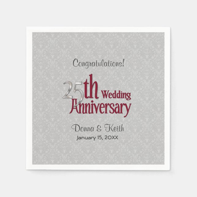 25th Silver - Burgundy Anniversary 2 - Customise Napkin (Front)