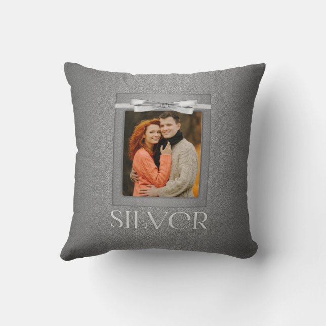 25th Silver Damask Wedding Annivsersary Photo Cushion (Back)