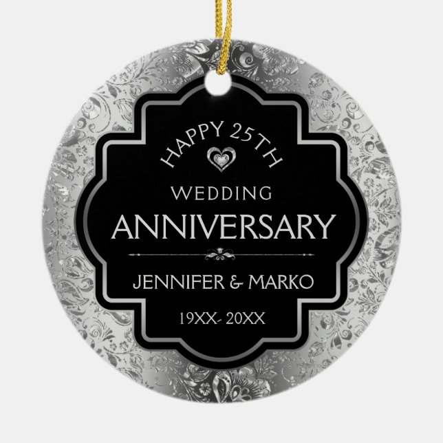 25th Silver Damasks Wedding Anniversary Ceramic Tree Decoration (Front)