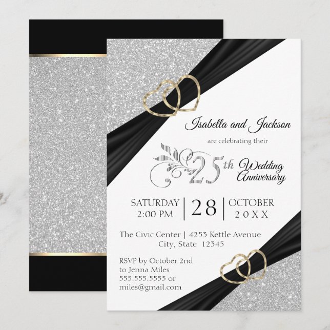 25th Silver Glitter and Gold Heart Anniversary Invitation (Front/Back)