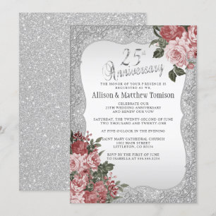 25th Silver Glitter Anniversary   Blush Floral Invitation