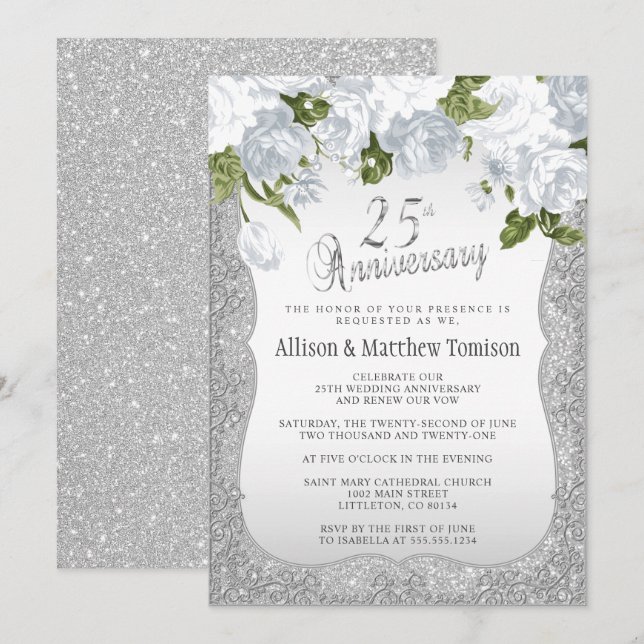 25th Silver Glitter Anniversary | DIY Text Invitation (Front/Back)