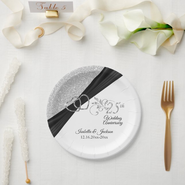 25th Silver Glitter Anniversary Paper Plate (Wedding)