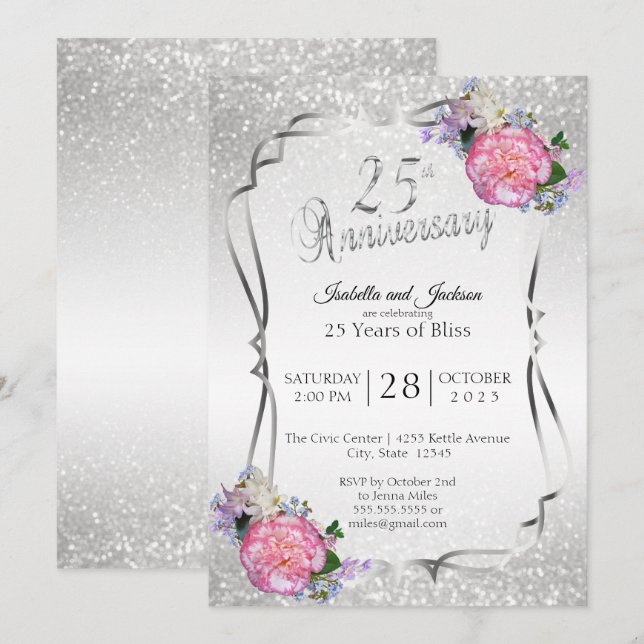 25th Silver Glitter & Floral Anniversary Invitation (Front/Back)