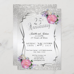 25th Silver Glitter & Floral Anniversary Invitation