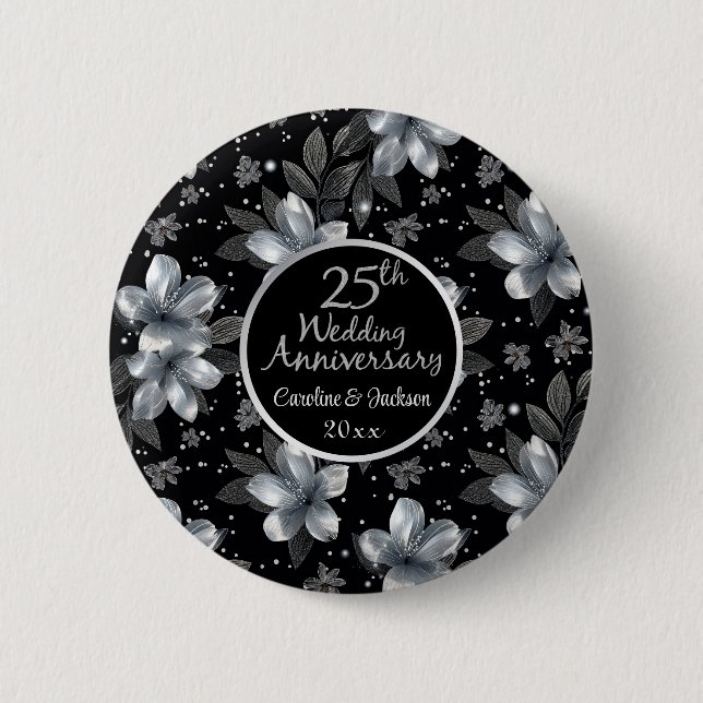 25th Silver Glitter Floral Wedding Anniversary  6 Cm Round Badge (Front)