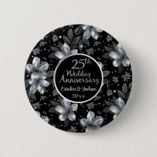 25th Silver Glitter Floral Wedding Anniversary  6 Cm Round Badge
