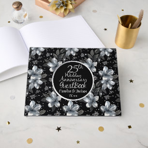 25th Silver Glitter Floral Wedding Anniversary Guest Book