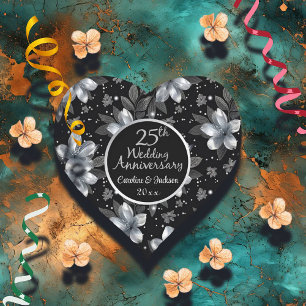 25th Silver Glitter Floral Wedding Anniversary Heart Sticker