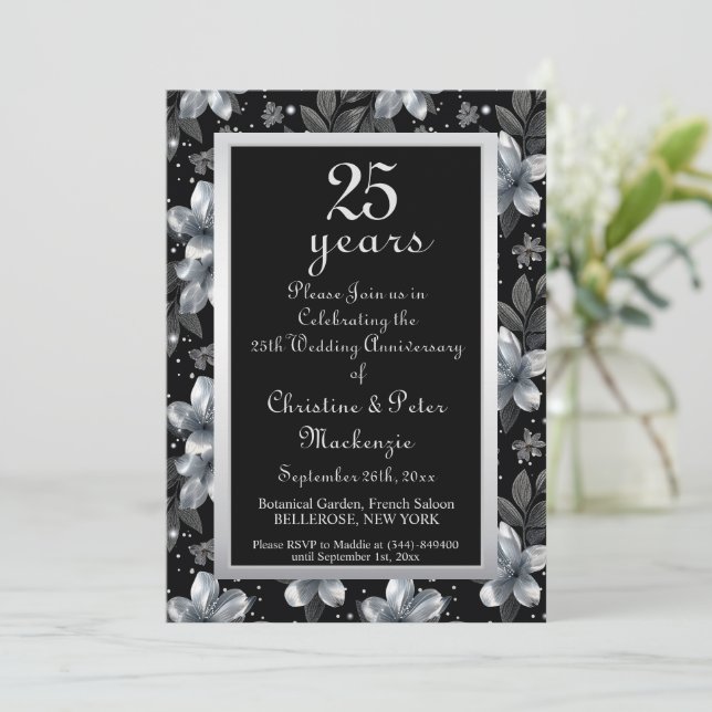 25th Silver Glitter Floral Wedding Anniversary Invitation (Standing Front)