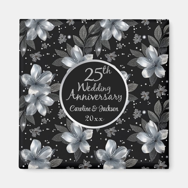 25th Silver Glitter Floral Wedding Anniversary  Magnet (Front)