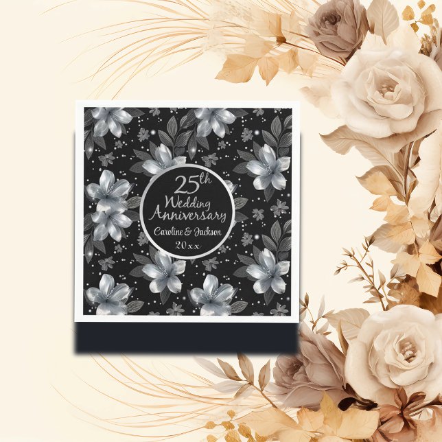 25th Silver Glitter Floral Wedding Anniversary  Napkin (Creator Uploaded)