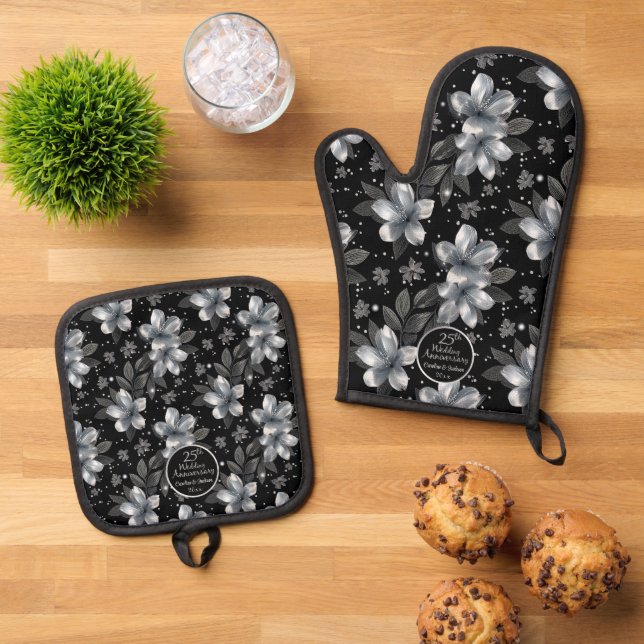 25th Silver Glitter Floral Wedding Anniversary Oven Mitt & Pot Holder Set (Top Down)