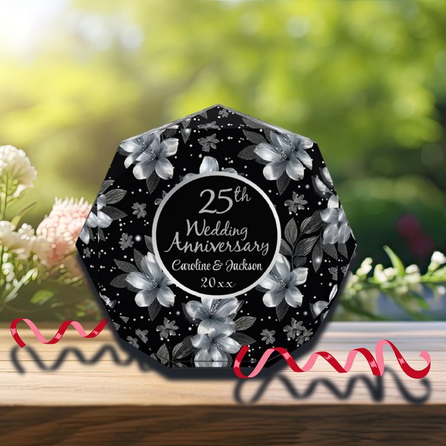 25th Silver Glitter Floral Wedding Anniversary  Photo Block (Creator Uploaded)